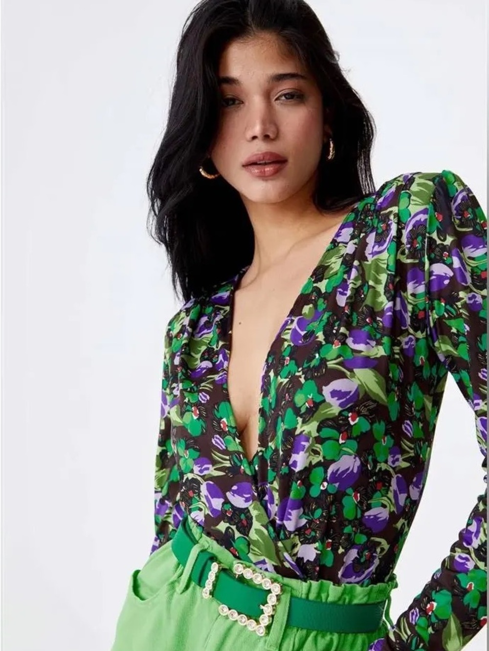 Zara Green & Purple Floral Surplice Long-Sleeve Bodysuit